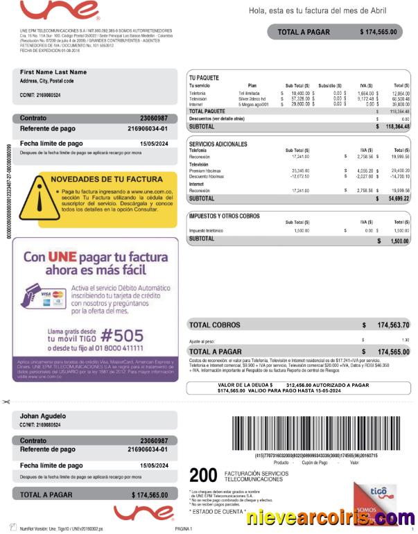 Colombia UNE EPM Telecomunicaciones PSD utility bill